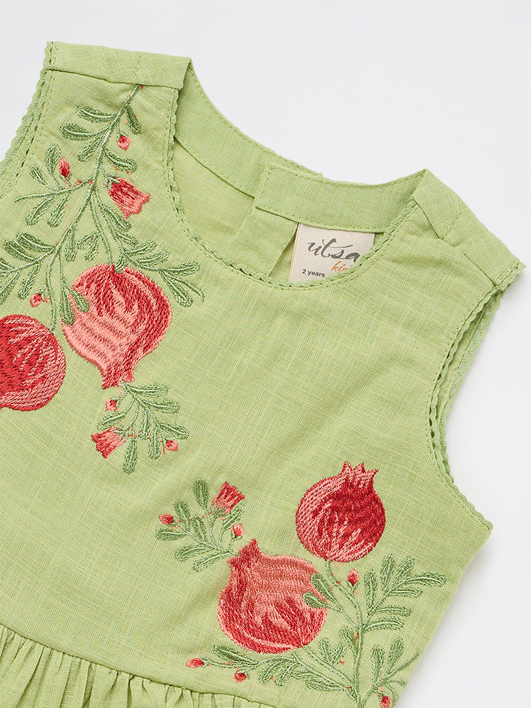 Utsa Kids Girls Light Green Embroidered Cotton Peplum Top - (2-8 yrs)