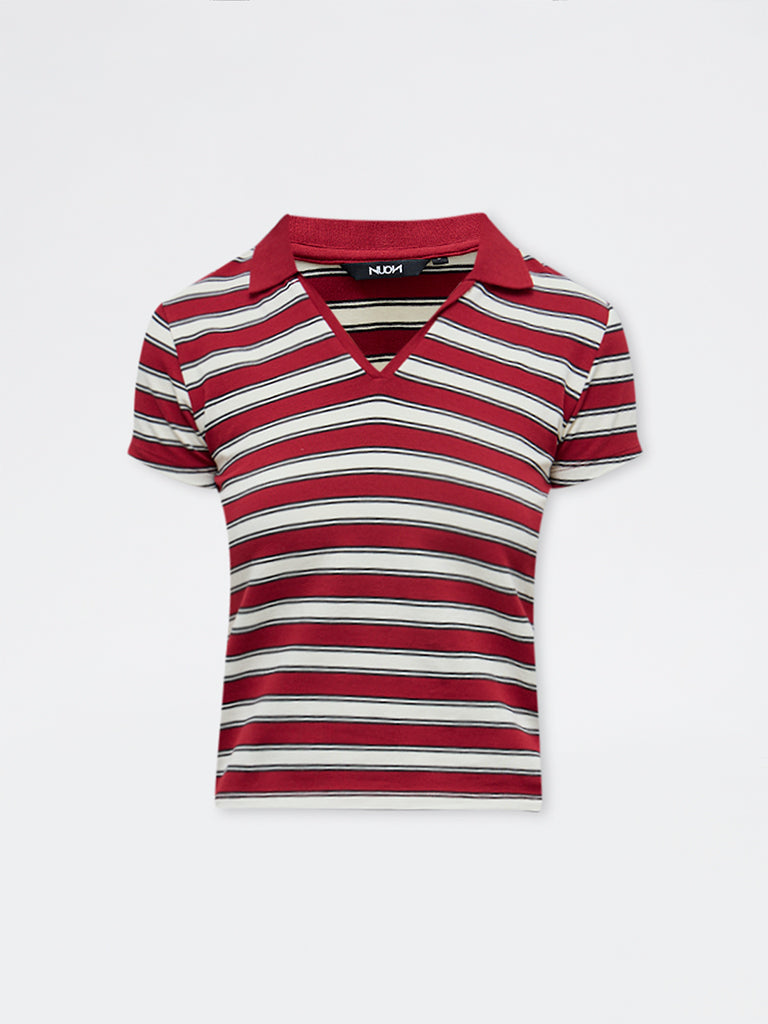 Nuon Burgundy Striped Cotton-Blend T-Shirt