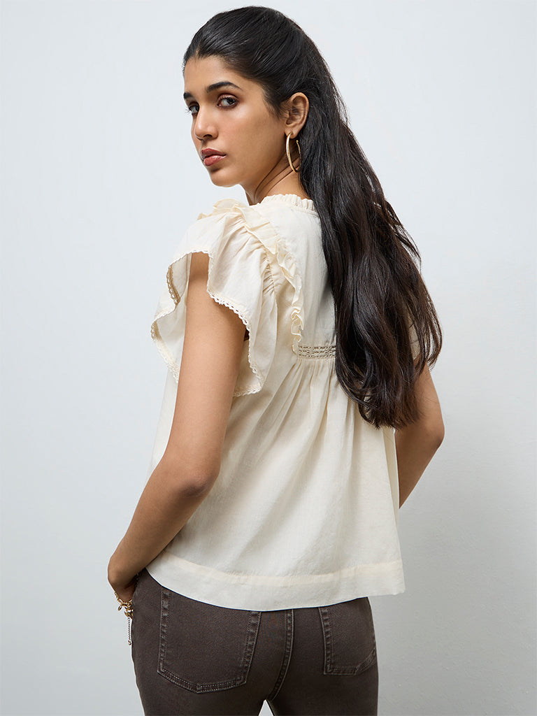LOV Cream Ruffle-Detailed Cotton Top