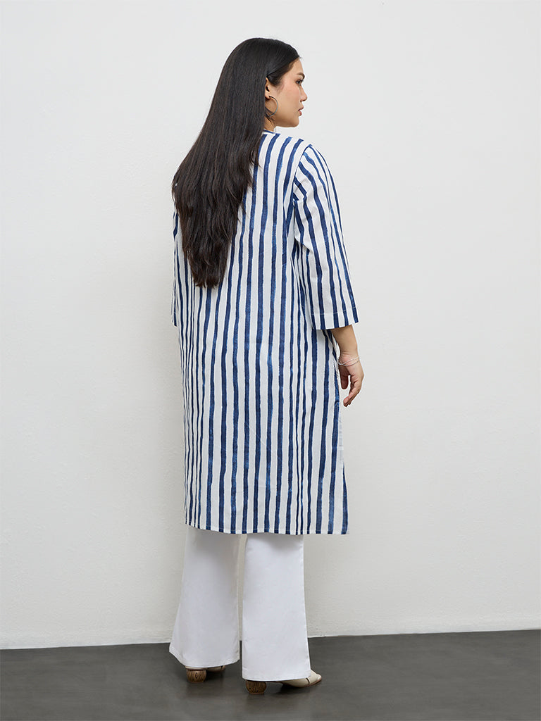 Diza Indigo Striped Cotton Straight Kurta