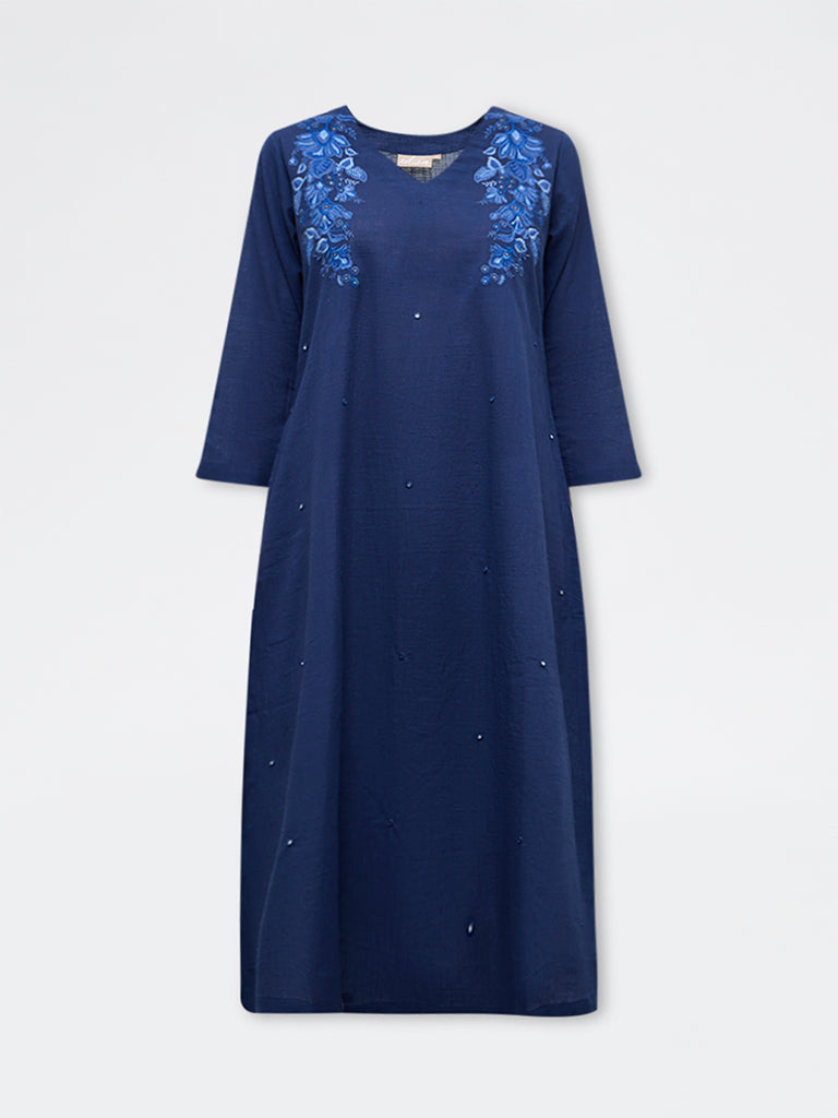 Utsa Indigo Embroidered Cotton A-Line Kurta