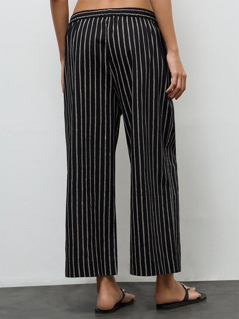 Utsa Black Striped Cotton-Blend Pants
