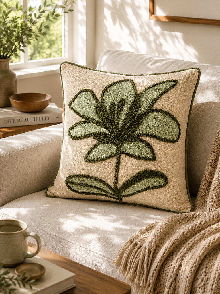 Westside Home Green Floral Embroidered Cushion Cover
