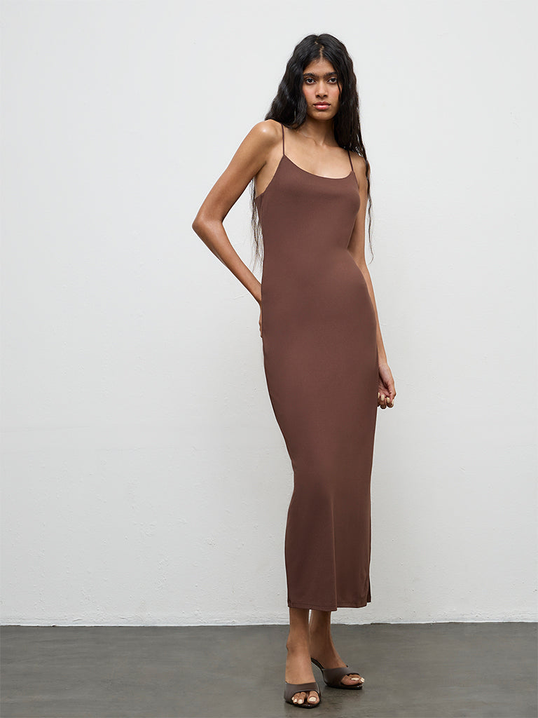 Buy Nuon Brown Solid Slit-Detail Bodycon Dress from Westside