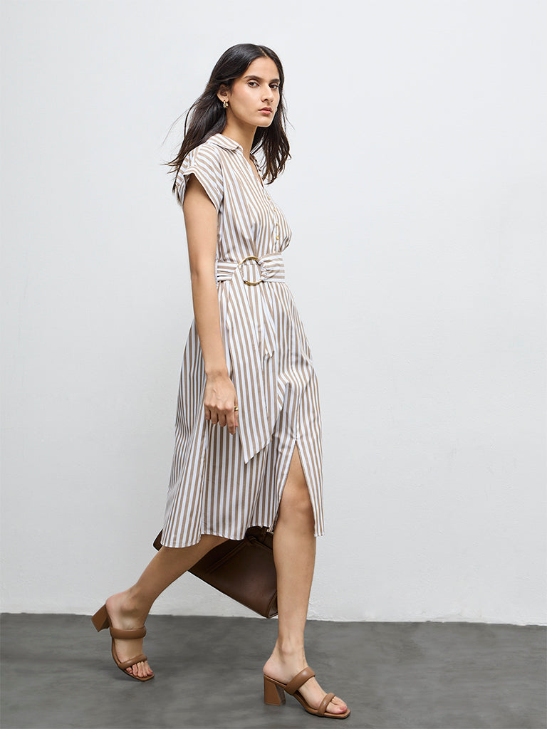 Buy Wardrobe Taupe Striped A-Line Dress with Belt from Westside