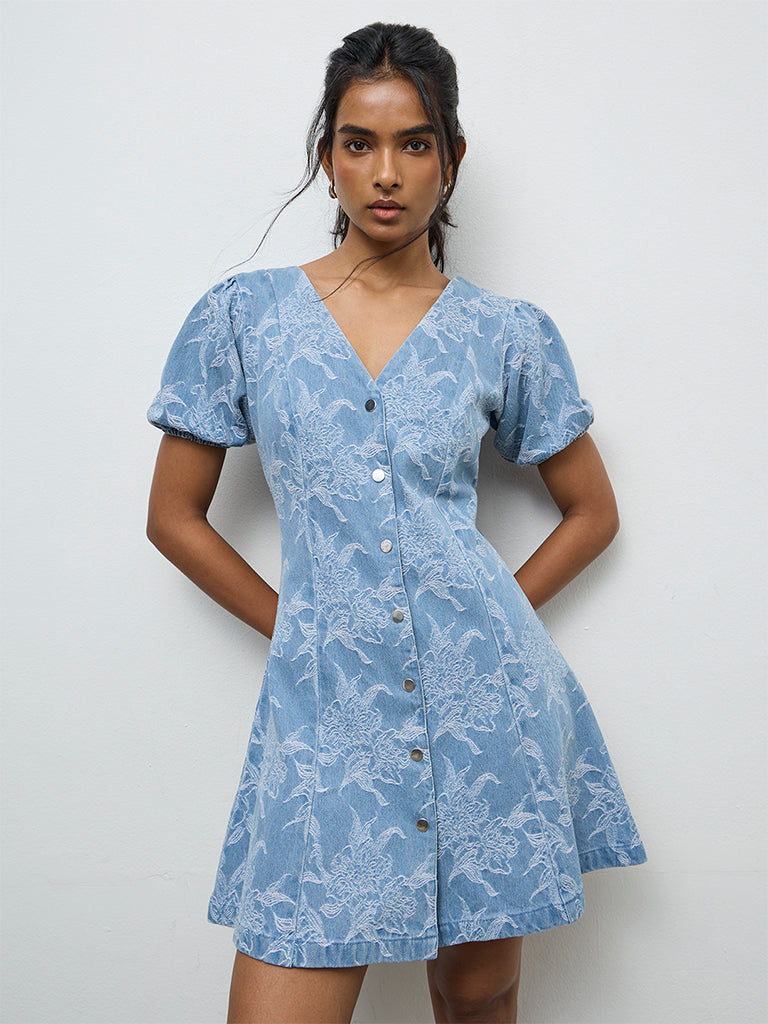 Buy LOV Blue Floral Embroidered A-Line Denim Dress from Westside