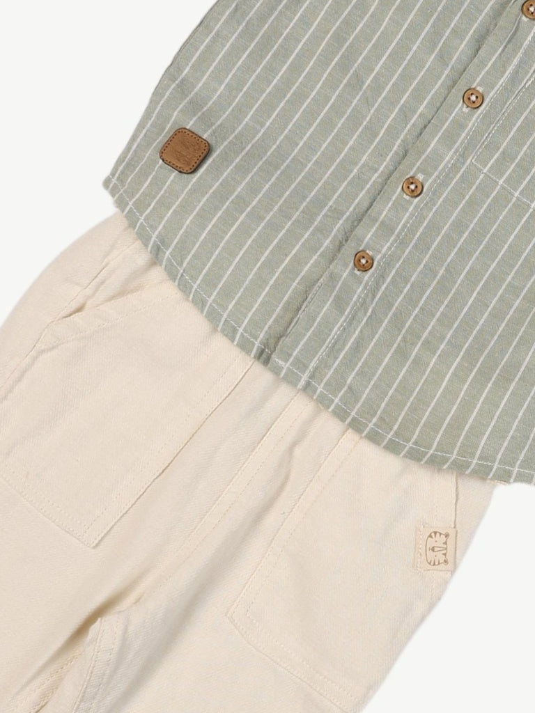 HOP Baby Boys Sage Striped Cotton-Blend Shirt and Pants Set