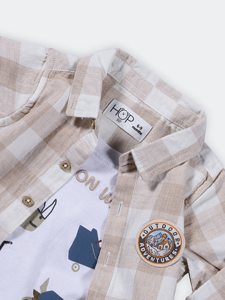 HOP Baby Boys Beige Checked Cotton Shirt and T-Shirt Set