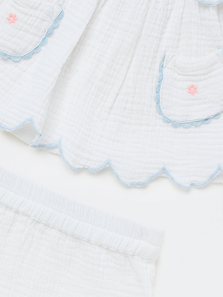 HOP Baby Girls White Embroidered Cotton A-Line Dress and Shorts Set