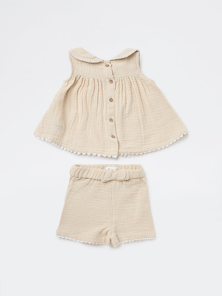 HOP Baby Girls Beige Textured Cotton Top and Shorts Set