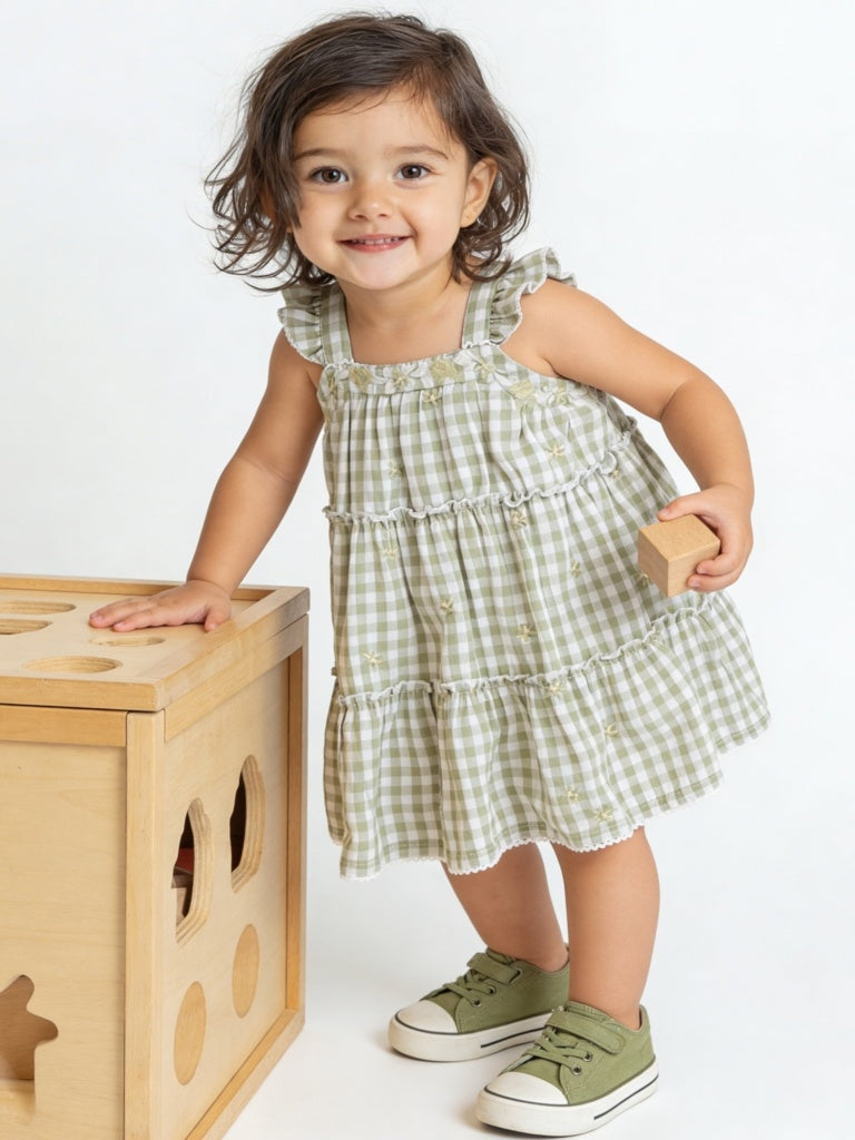 Buy HOP Baby Girls Sage Gingham Checkered Cotton Tiered Dress from Westside