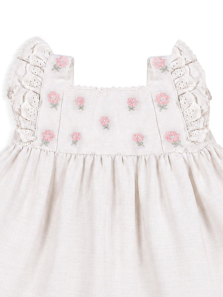 HOP Baby Girls Off-White Floral Embroidered Cotton-Blend Dress