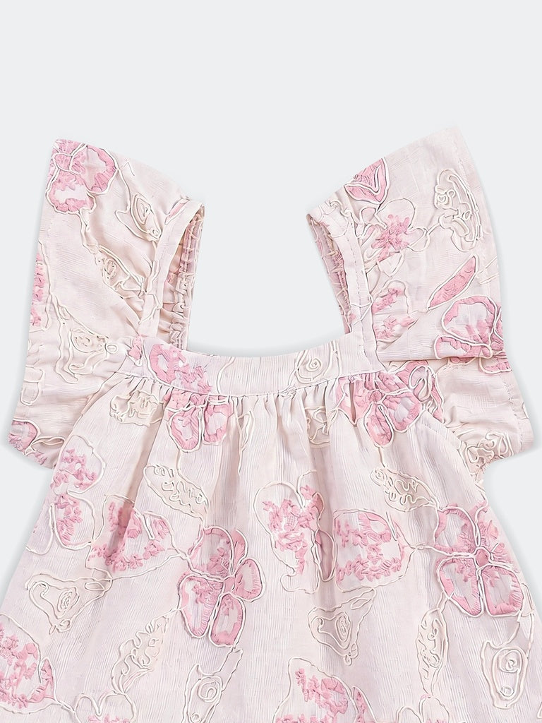 HOP Baby Girls Off-White Cotton-Blend Embroidered Dress