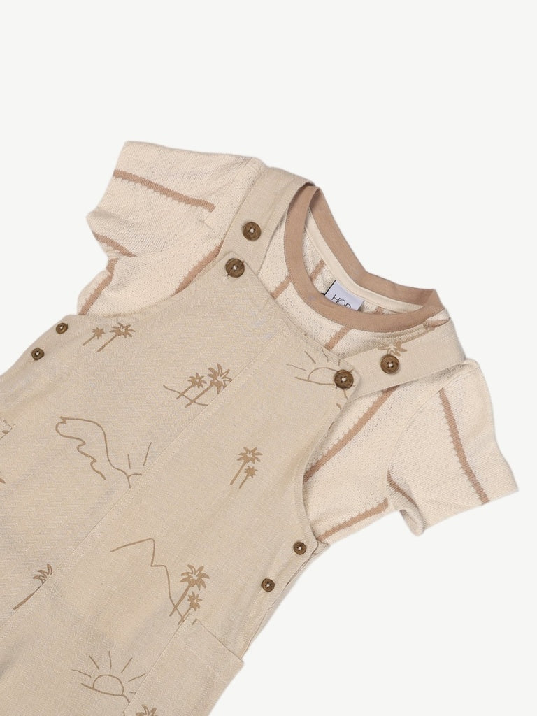 HOP Kids Boys Beige Printed Cotton Dungaree and T-Shirt Set