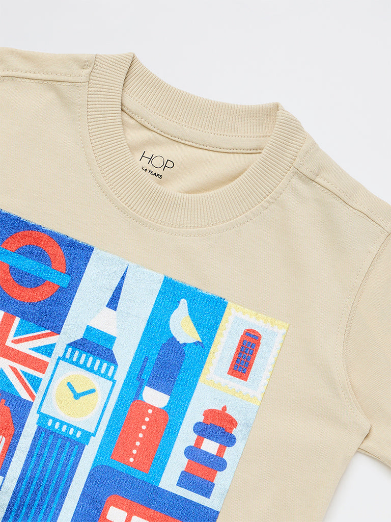 HOP Kids Boys Light Beige Graphic Printed Cotton T-Shirt