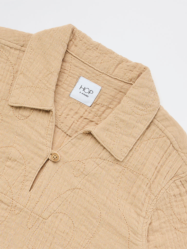 HOP Kids Boys Light Taupe Crinkle-Textured Cotton Shirt