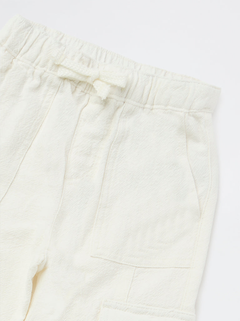 HOP Kids Girls Off-White Embroidered High-Rise Cotton Trousers
