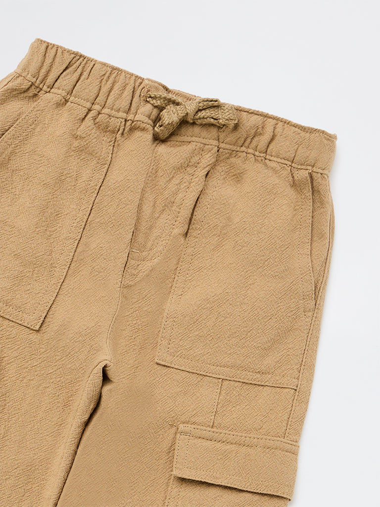 HOP Kids Girls Taupe Mid-Rise Embroidered High-Rise Cotton Trousers