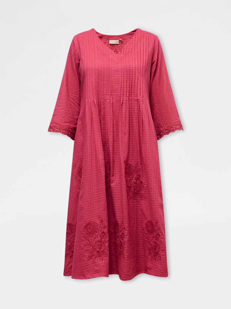 Utsa Fuchsia Floral Embroidered Cotton-Blend A-Line Kurta