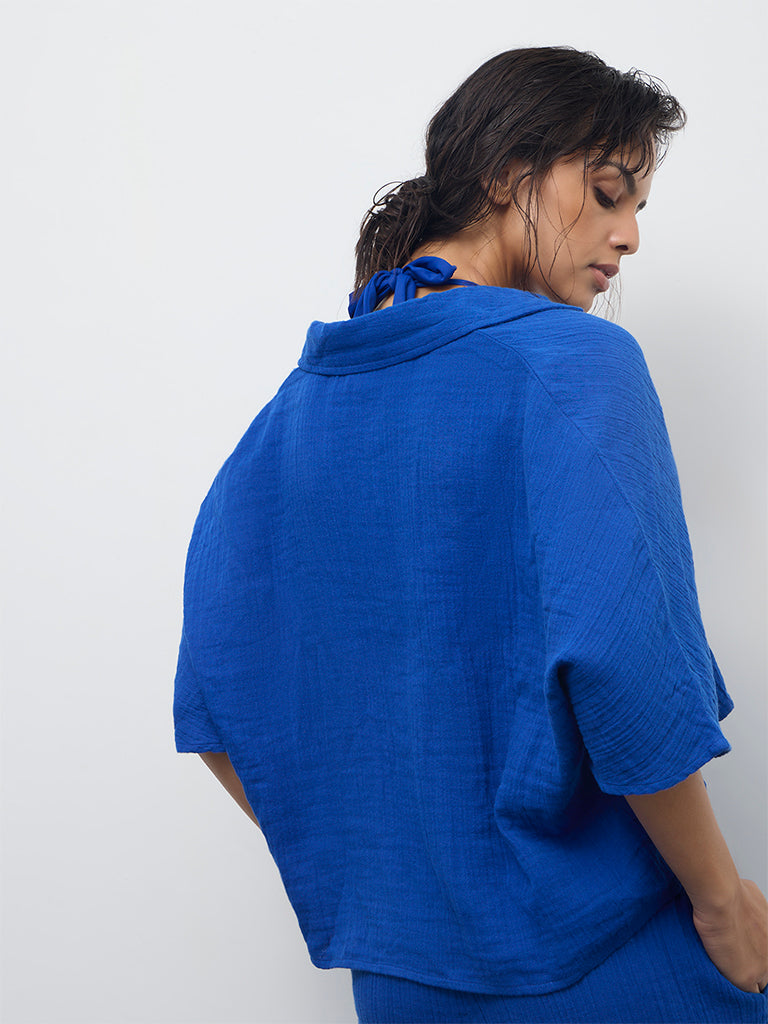 Wunderlove Blue Crinkle-Textured Cotton Beach Shirt