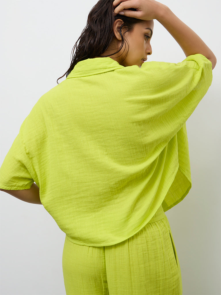 Wunderlove Lime Crinkle-Textured Cotton Beach Shirt