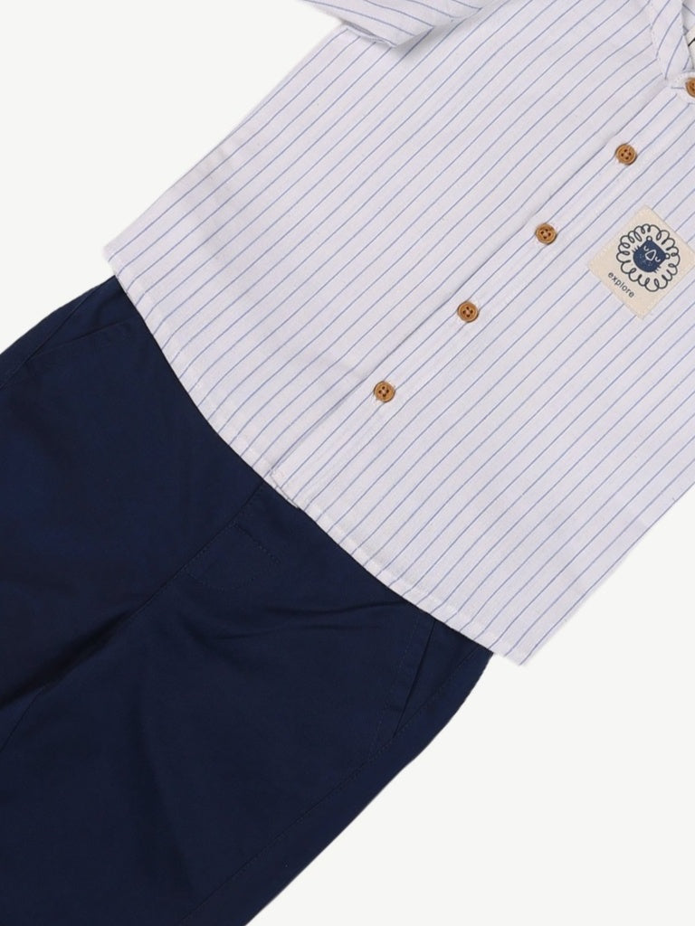 HOP Baby Boys White Striped Cotton Shirt and Trouser Set
