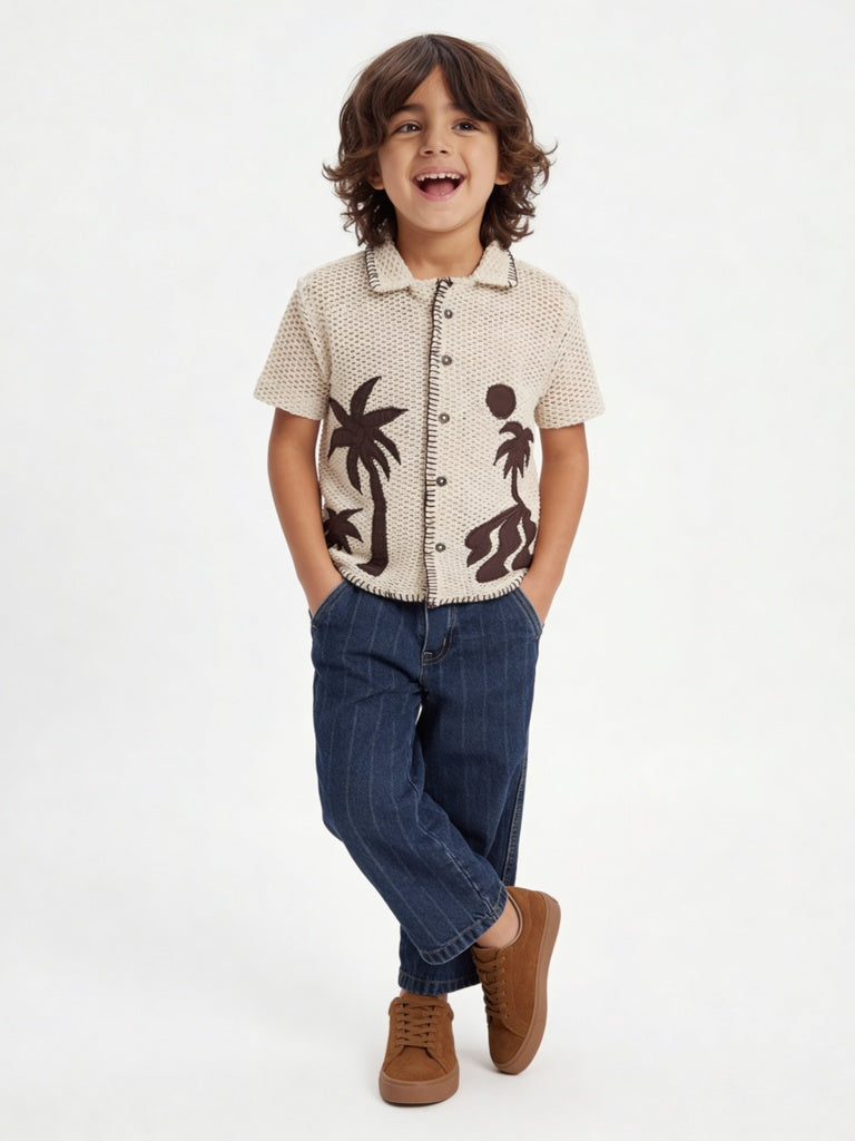 Buy HOP Kids Boys Off-White Crochet-Knit Cotton-Blend Shirt from