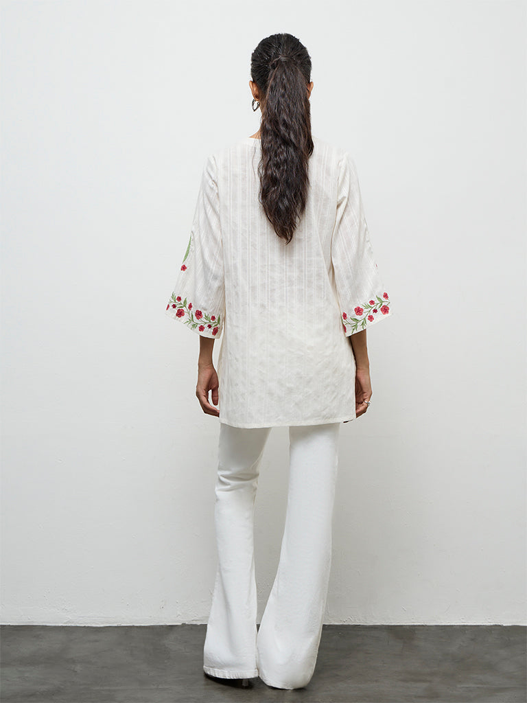 Utsa Off-White Floral Embroidered Cotton Kurti