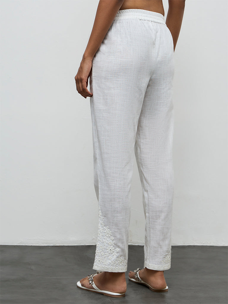 Utsa White Floral Embroidered Cotton Slim Pants