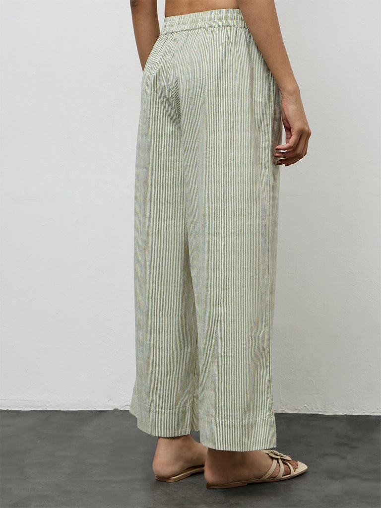 Utsa Green Striped Cotton Pants