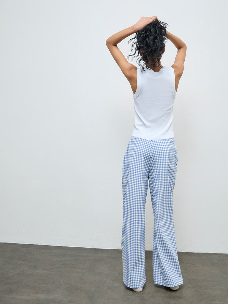 Superstar Blue Checkered High-Rise Cotton-Blend Pants