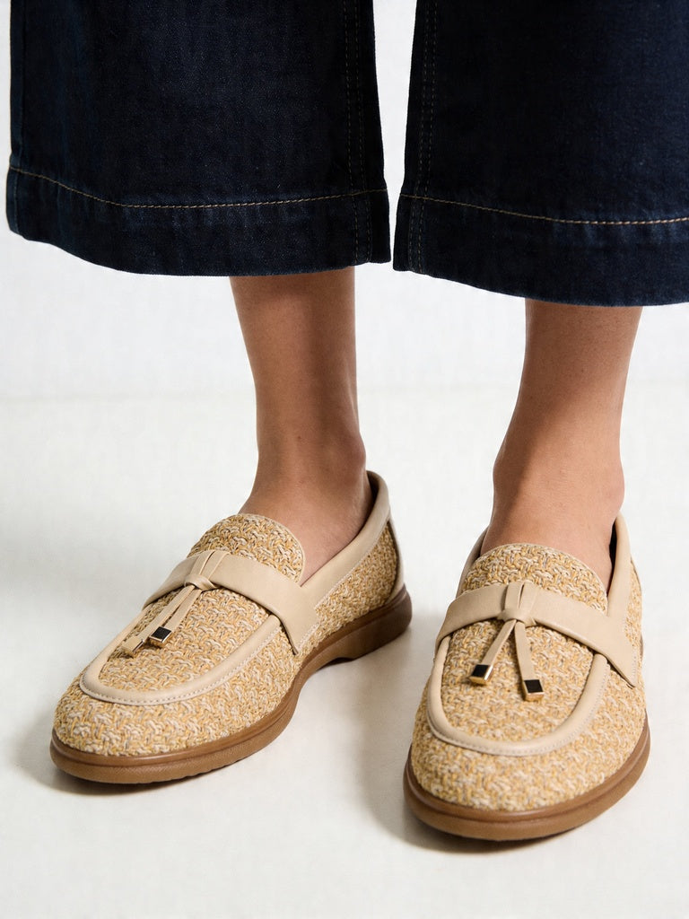 LUNA BLU Beige Natural Woven Rafia Penny Trim Loafers