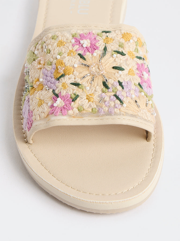 LUNA BLU Cream Floral Embroidered Slides