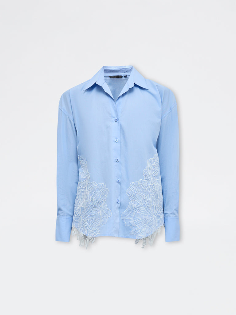 Wardrobe Blue Floral Embroidered Cotton Shirt