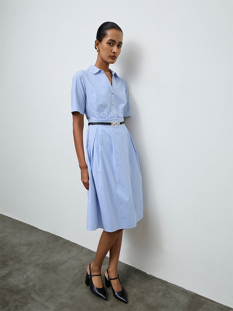 Buy Wardrobe Blue Striped Cotton A-Line Dress with Belt from Westside