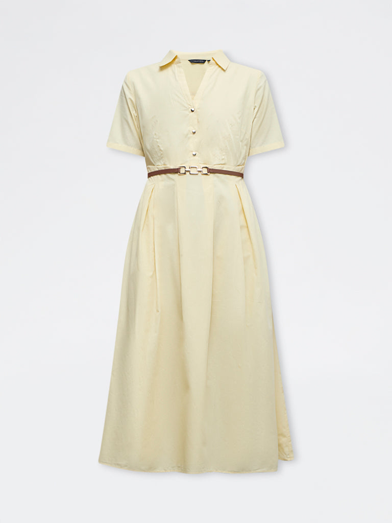 Wardrobe Yellow Solid Cotton A-Line Dress with Belt