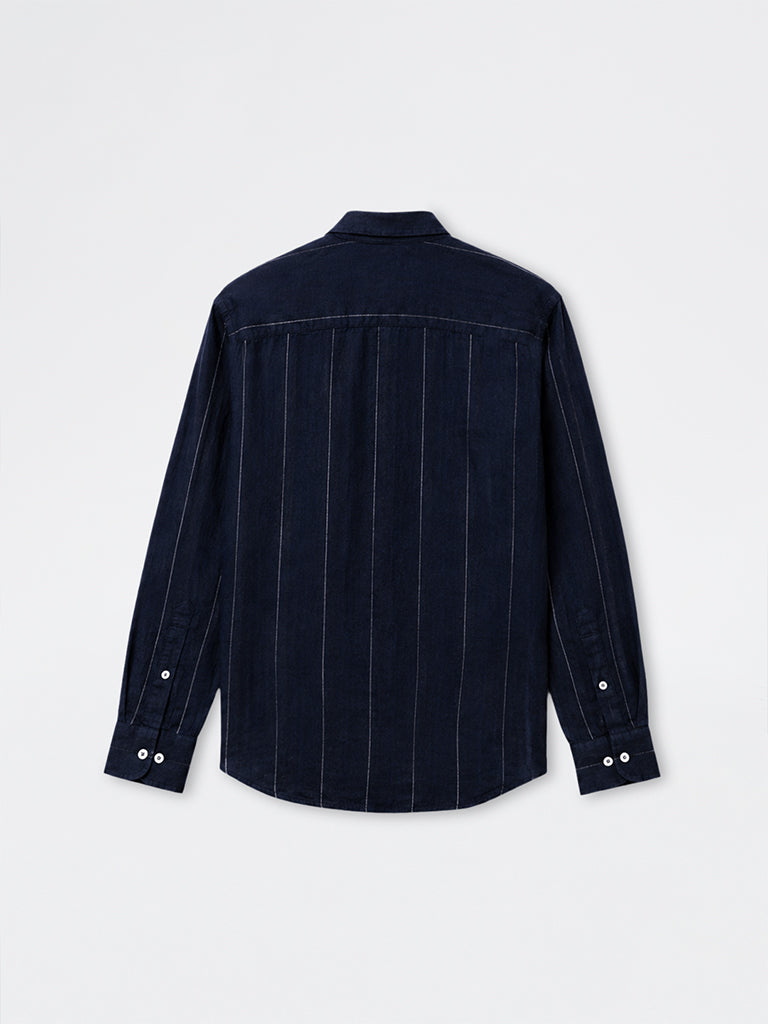 Ascot Navy Striped Relaxed-Fit Linen Shirt