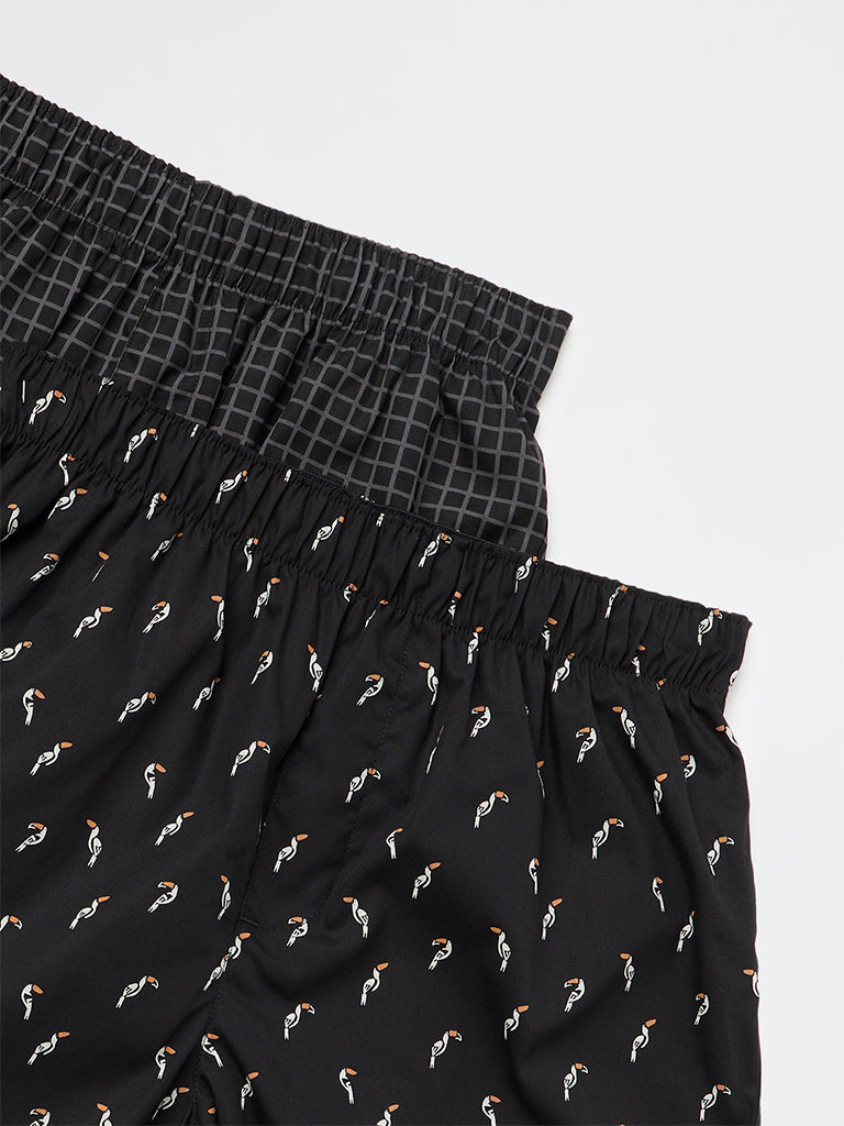 WES Lounge Black Printed Relaxed-Fit Cotton Boxers - Pack of 2