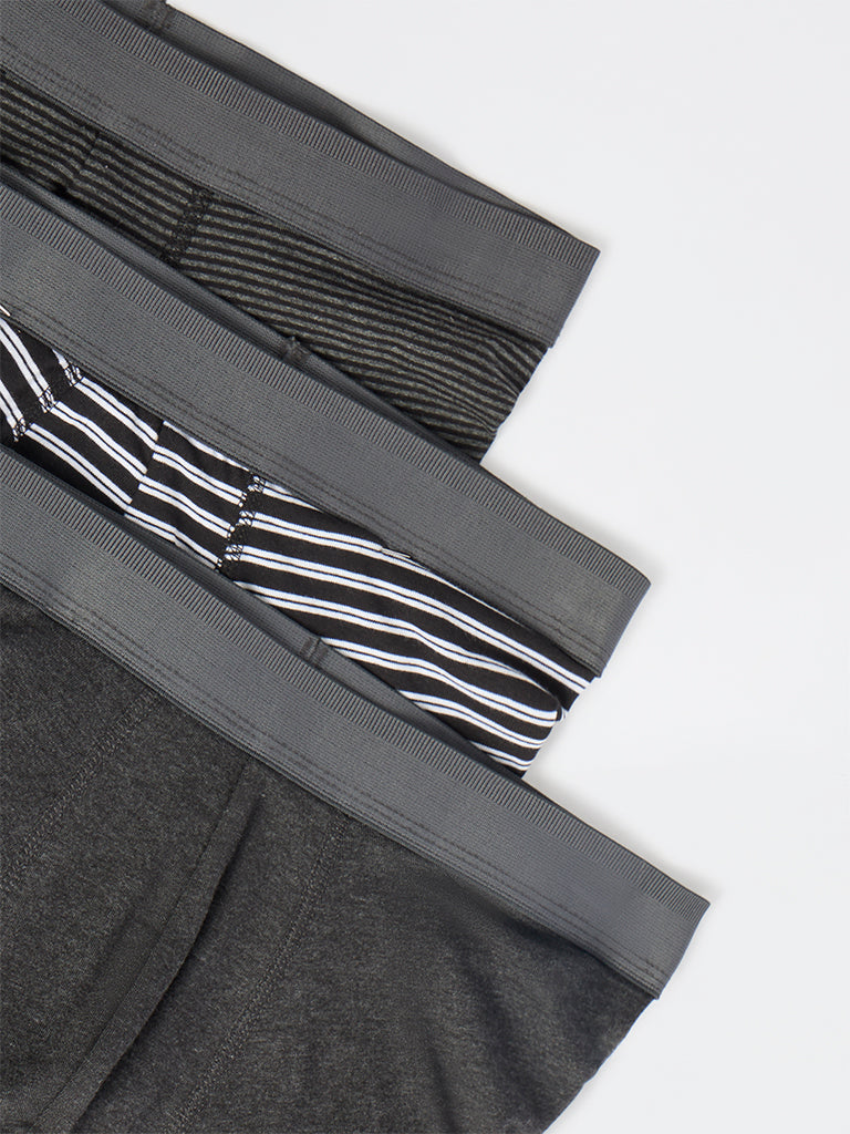 WES Lounge Black Striped Cotton Trunks - Pack of 3