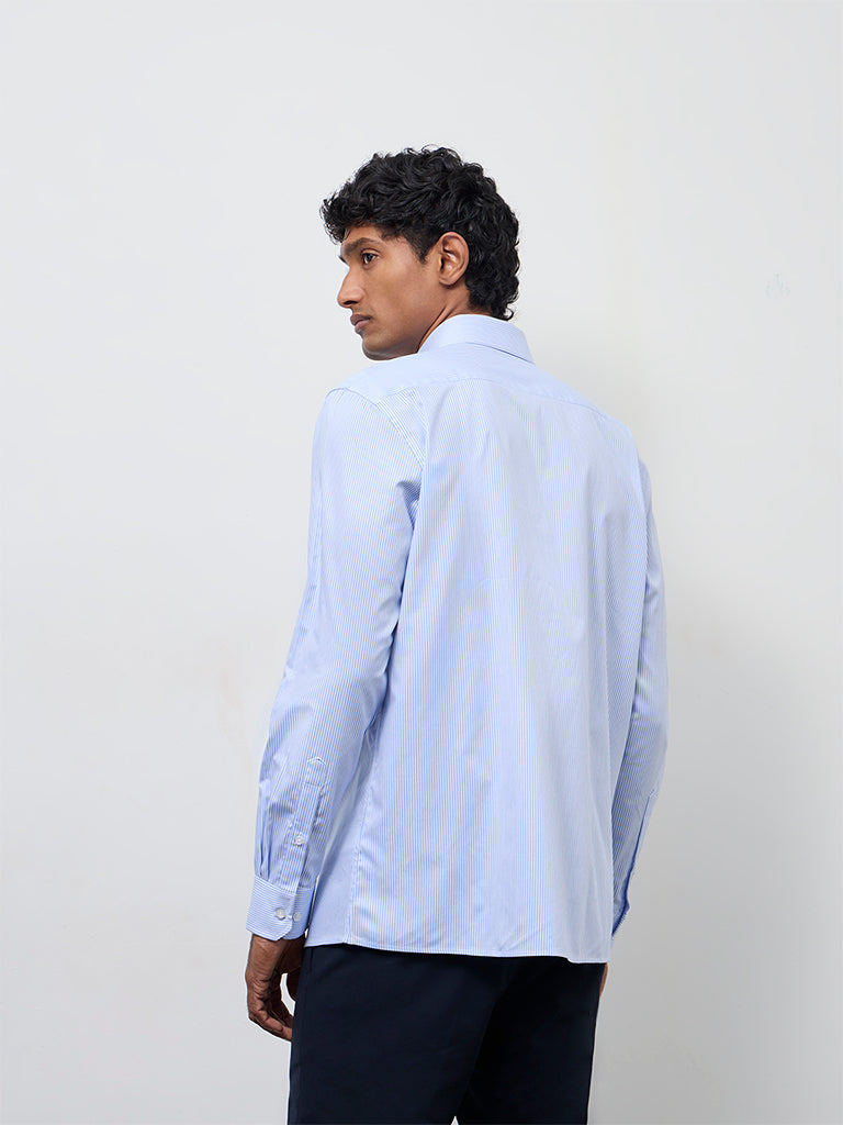 WES Formals Blue Striped Slim-Fit Cotton Shirt
