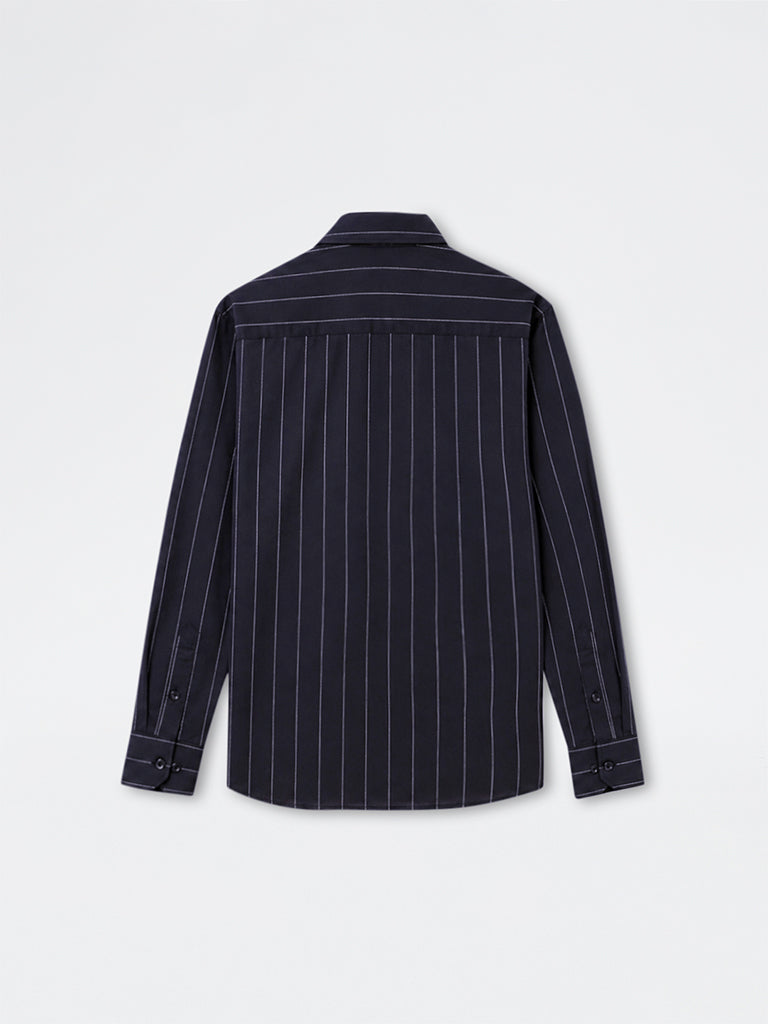 WES Formals Black Striped Slim-Fit Cotton Shirt