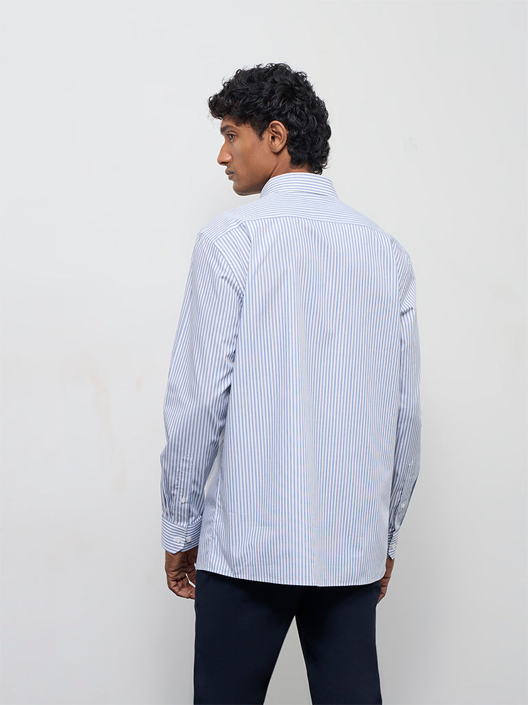 WES Formals Blue Striped Relaxed-Fit Cotton Shirt