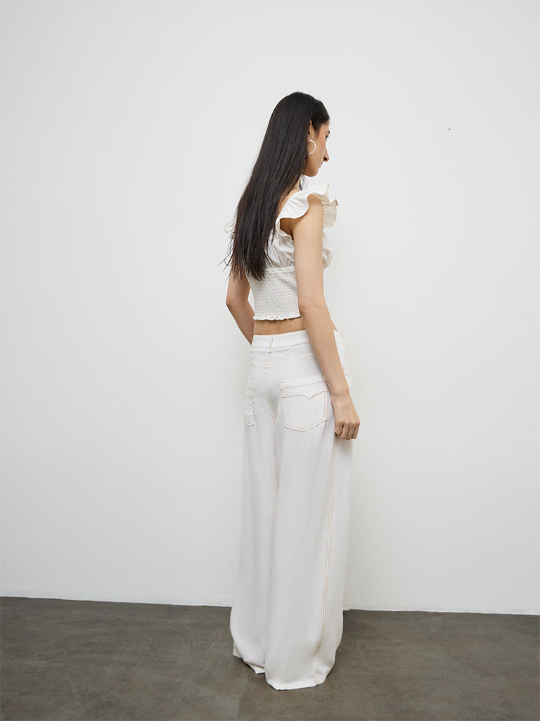 Nuon Off-White Flared High-Rise Cotton Trousers