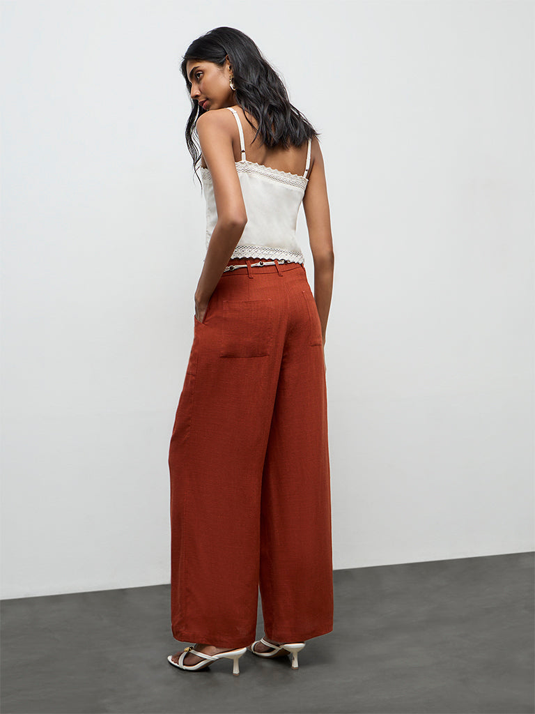 LOV Rust High-Rise Linen Trousers with Belt
