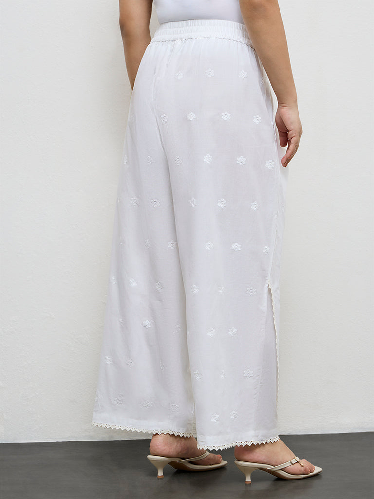 Diza White Floral Embroidered Cotton Pants