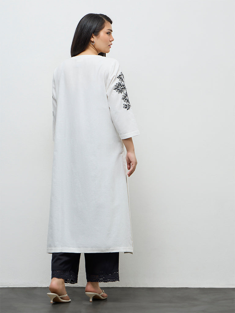 Diza White Embroidered Cotton A-Line Kurta
