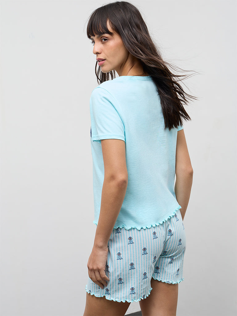 Wunderlove Aqua Graphic Printed Cotton T-Shirt and Shorts Set