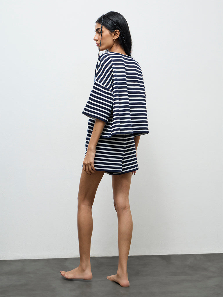 Superstar Navy Striped High-Rise Cotton Shorts