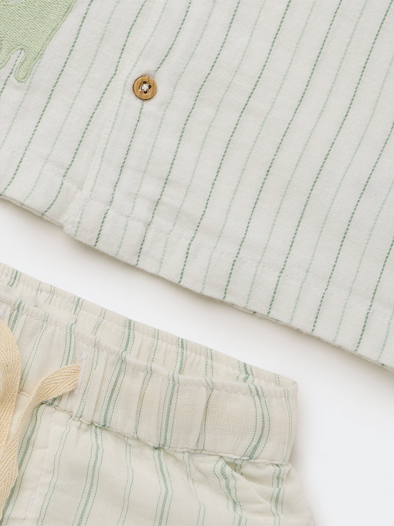 HOP Baby Boys White Striped Cotton Shirt and Shorts Set