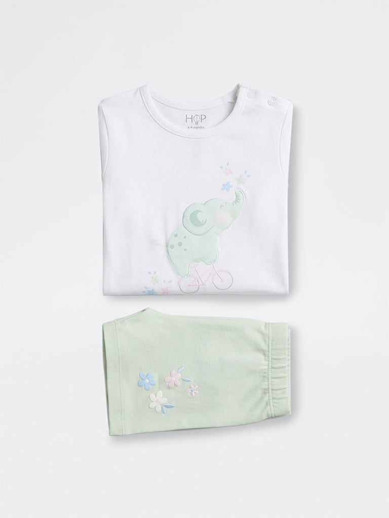 2-Piece HOP Baby Girls White Graphic Printed Cotton Set